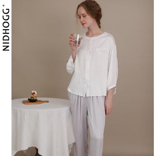 2020 Fairy Pajamas All-match Satin Vintage Shirt Baggy Pants Multi-Color Pijama for Women Round Neck Sleepwear 2 Piece Nightwear