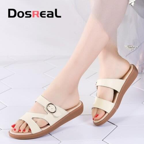 Dosreal Women Slippers Shoes Summer Slippers For Women Beach Flip Flops Shoes Leather Flats Sandals Buckle Simple Style Shoes