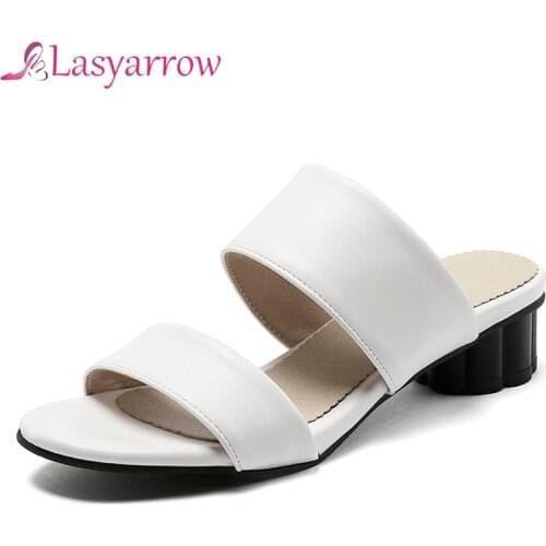 Lasyarrow Summer Women Slippers Slides Open Toe Low heels Shoes Sandals Female Leisure Beach Black White Flip Flops size 48