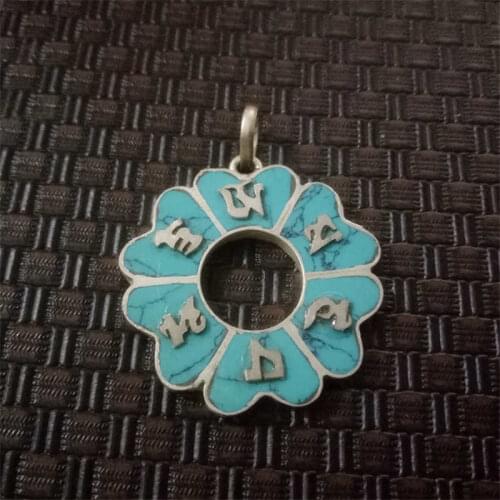 TBP180 Tibetan Jewelry White metal copper inlaid Stone sunflower Pendants Tibet Mantras Amulet OM MANI PADME HUM