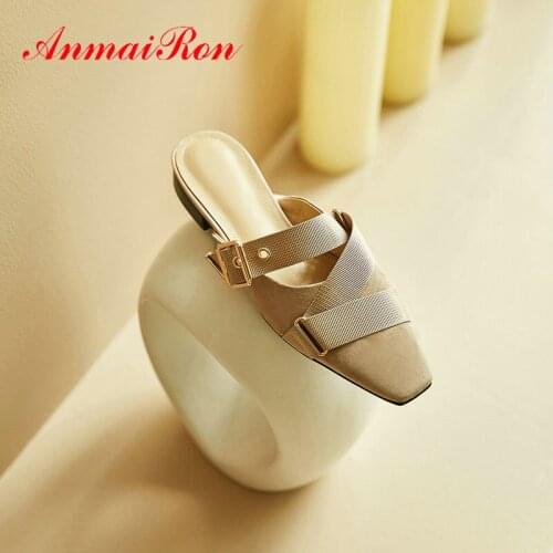 ANMAIRON Outside Shoes Woman Solid Buckle Kid Suede Summer Square Heels 2020 Slippers Women Fashion Square Toe Womens Shoes
