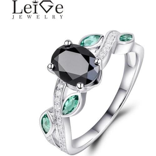 Leige Jewelry Real Black Spinel Ring Natural Gemstones Oval Cut 925 Silver Anniversary Rings for Women Classic Christmas Gift