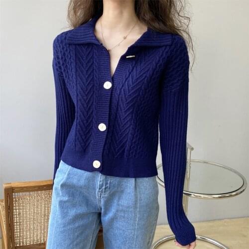 Spring and Autumn Womens Casual Solid Color Lapel Long Sleeve Cardigan Sweater