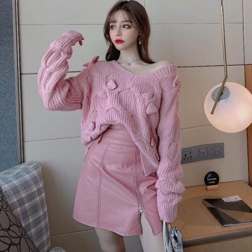 Autumn Winter Sweet Ladies Fashion Bow Pink Pullover Vintage Loose Knitwear Womens V-Neck Long Sleeve White Knitted Sweater Tops