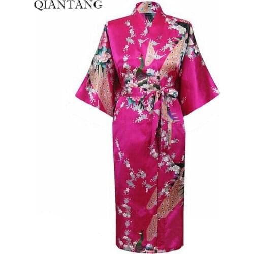 Plus Size Hot Pink Female Night Robe Hot Sale Lady Faux Silk Kimono Bath Gown Summer Sleepwear Peafowl S M L XL XXL XXXL S0034