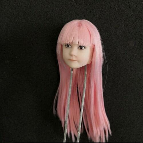 1/6 Girl Beauty Head Carved Sculpt Model Toy PVC W/Pink Hair Fit Female Figure