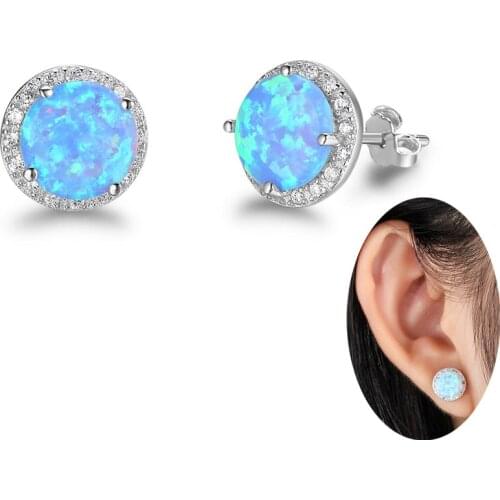 10mm Round Cut Blue Opal Stud Earring 925 Sterling Silver Cubic Zirconia Stud Earring Plated 18K White Gold Gift For Women