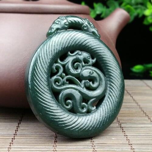 100% real hetian green jade pendant two side handcarved dragon jade pendants necklace men women jade jewelry