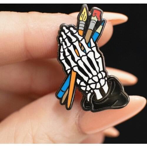 Gothic Death Hands with Brushes Hard Enamel Pin Skeletal Hand Metal Brooch Accessories Unique Artist Praying Skull Badge Jewelry