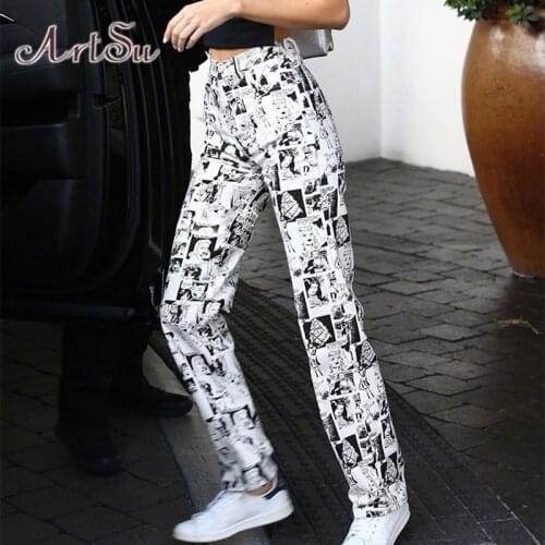 ArtSu Vintage Anime Graphic High Waist Y2K Pants Aesthetics E-Girl Print Flare Trousers Streetwear Fashion Casual Pants PA52429