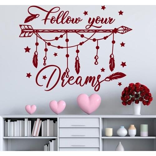 Quote wall decal follow your dreams boho feather arrow Wall Sticker for girl room nursery decor Vinyl home bedroom decor B112