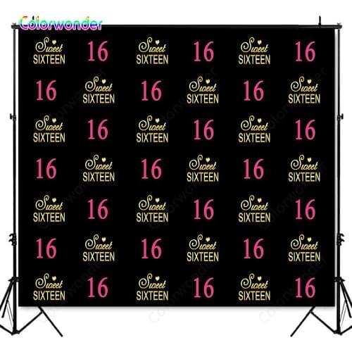 Colorwonder Pink 16 with Golden Words Sweet Sixteen Background for Photography Black Seamless Backdrop for 16 Birthday Party