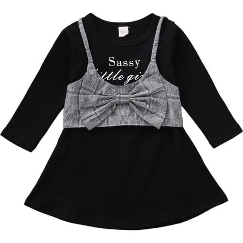 Infant Kids Baby Girl’s Long Sleeve Dress and Camisole Fashion Letter Round Neck A-line Dress with Plaid Vest