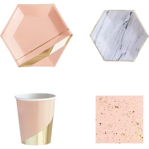 Elegant palace style disposable tableware pink paper cup straw cake plate party supplies European bachelorette party