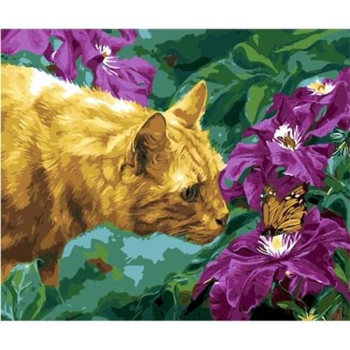 YIKEE decorative canvas oil painting by numbers,paint by number kits Cat and flower