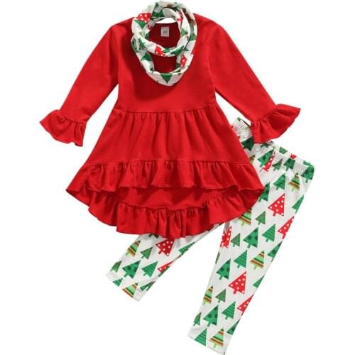 3 Pieces Kids Suit Set, Solid Color O-Neck Long Sleeve Tops+ Floral Long Pants+ Scarf for Toddler Girls