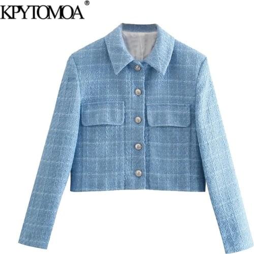 KPYTOMOA Women 2021 Fashion Single Breasted Tweed Cropped Blazer Coat Vintage Long Sleeve Pockets Female Outerwear Chic Veste
