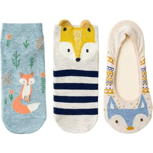 3 Pairs Women Girls Summer Low Cut Cotton Boat Socks Cartoon Forest Deer Giraffe Animal Print Sweet Invisible Short Ankle