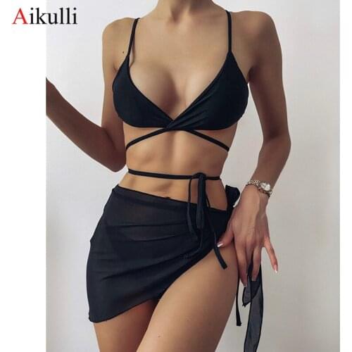 New Solid Color Bikinis Chiffon Cover Skirt Sexy Swimwear Three-Piece Swimsuit 2021 Summer Beach Biquini Swimming Bathing Suits