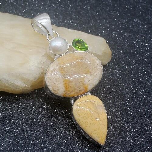 Natural OceanJasper Peridot Pearl Unique Jewelry Silver Color Pendant Necklace 75mm HD452
