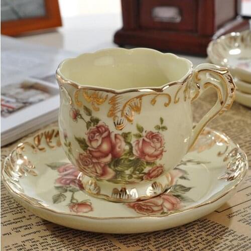 Pastoral Rose Bone China Tea Cup Saucer Spoon Set Europe Porcelain Coffee Cup 200ml Mug Tray Cafe Tumbler Party Drinkware