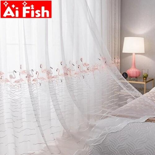 Pink Flamingo Lace Embroidery Tulle Curtains for Living Room Gray Swan Voile For Bedroom Window Screen Sheer Panel #30