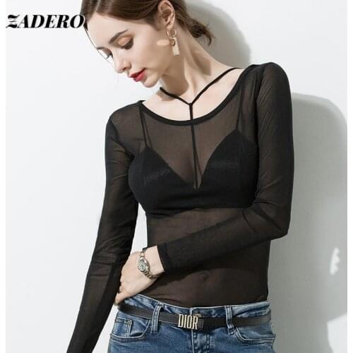 Sexy Black Mesh Goth Long Sleeve T Shirt See-through Bottoming Shirt Women O Neck Transparent Shirt Summer New Casual Streetwear