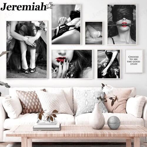Modern Sexy Beauty Canvas Painting Red Lips Black White Girl Poster Temptation Wall Art Nordic Room Living Room Decoration Gift