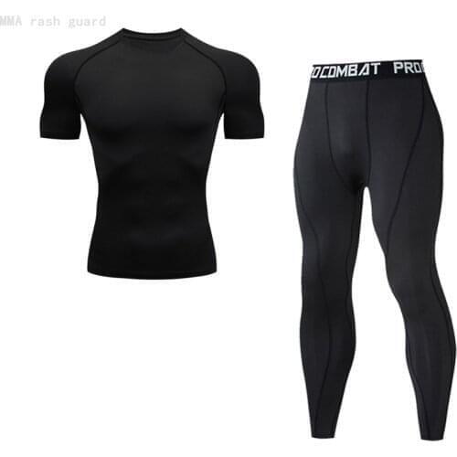 Running top Gym Leggings Mens suit 2 Piece Tracksuit Summer Short Shirt Training Suits set Black Quick dry compression clothing