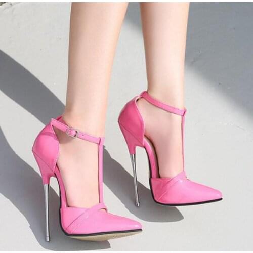 Women Pumps 16cm Metal Thin Heel With Pointed Toe Stiletto Large Size Super High Heel Catwalk Shoes T-strap Sexy Bed Fun Shoes