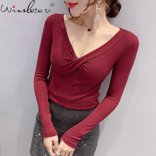 Spring Fall European Clothes Cotton T-Shirt Fashion Solid Sexy V-Neck Drape Cross Knot Women Tops Long Sleeve Tees 2021 T17424A