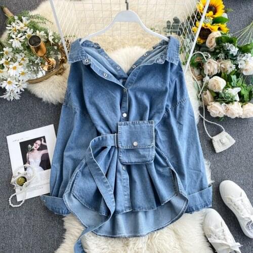 2020 Spring Blouses Turn Down Collar Sexy Button Design Womens Denim Shirt Style Coat Women Tops Blusas