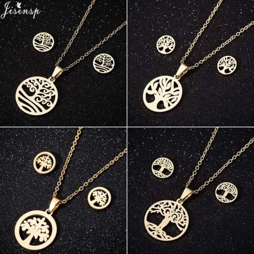 Jisensp Vintage Life of Tree Pendant Necklace Sets Hollow Round Stud Earrings for Women Stainless Steel Jewelry Sets bijoux