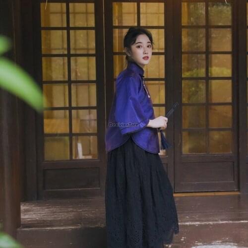 2021 chinese top women elegant traditional hanfu tangsuit qipao shirt elegant lace blouse chinese traditional cheongsam blouse