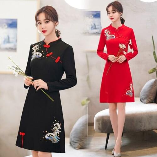 Womens Elegant Vintage Cheongsam Dress Red Black Printed Long Sleeve Autumn Birthday Party Cocktail Cute Chinese Dresses Clothes