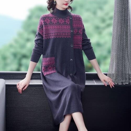 2021 Winter New Casual Print Turtleneck Wool Sweater Dress Autumn Vintage 3XL Plus Size Knitted Sweaters Elegant Women Vestidos