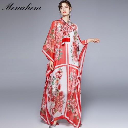 Menahem Summer Runway Floral Bohemian Dress Women Bow Tie Collar Batwing Sleeve Rose Red Flower Printed Chiffon Loose Maxi Dress