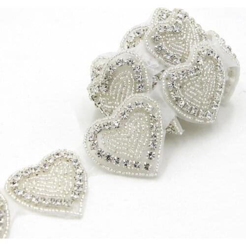 10Yds Rhinestone Chain Iron On Applique Trim Heart Shape Crystal Trims Wedding Bridal Dress Decor