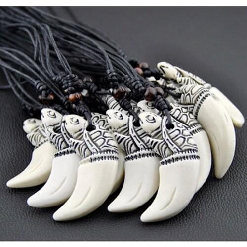 12pcs Tribal Style Imitation Yak Bone Surfing Sea Turtle Tooth Pendant Necklace Lucky Amulet MN153