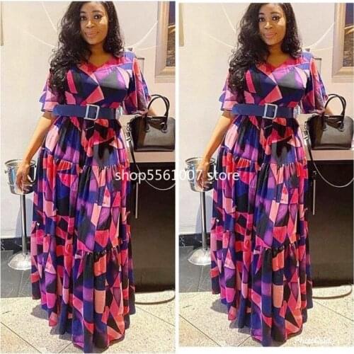 2021 Spring and Autumn Fashion Style African Women V-neck Printing Plus Size Long Dress African Dresses for Women