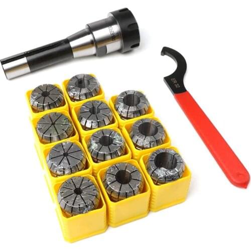 3mm-19mm R8-ER32 Collet Chuck+R8 Spindle+11pcs ER32 Spring Collet Set Precision Collet Set 7/16 Collet Chuck Holder Wrench