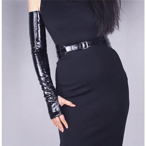 60cm Extra Long Fingerless Gloves Patent Leather Bright Leather Emulation Leather Sheepskin PU Black Touch Screen WPU43-60