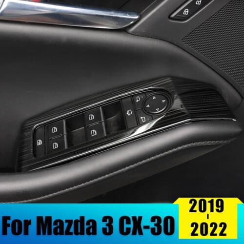 Car Window Armrest Cover Glass Lift Switch Trim Stainless Steel Carbon Fiber Decoration For Mazda 3 Alexa 2019 2020 Accessories