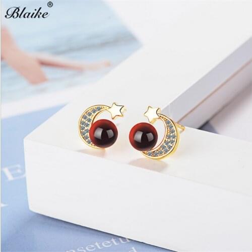 Blaike Dainty Yellow Gold Filled Moon Star Stud Earrings For Women Pomegranate Red Rhinestone Birthstone Earrings Free Shipping