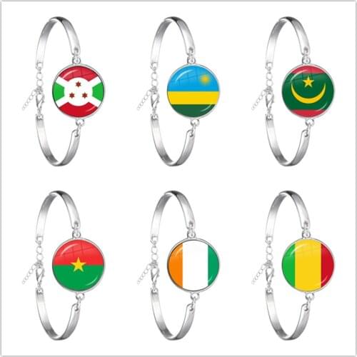 Mauritania,Mali,Rwanda,Coate d'Ivoire,Burundi,Burkina Faso National Flag Bangle Glass Cabochon Chain Bracelet For Gift