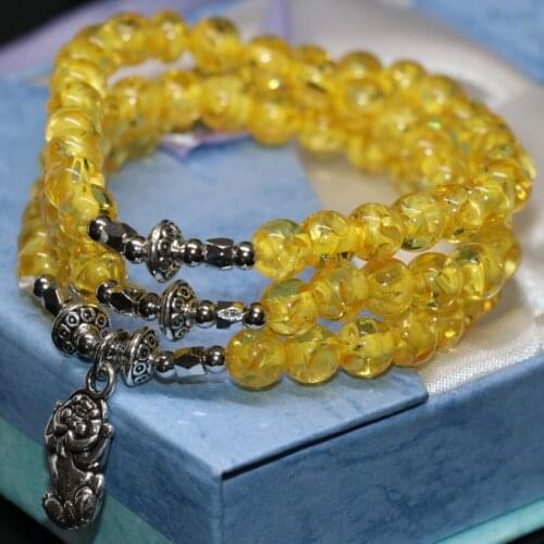 Factory price unique design exquisite yellow synthetic resin popcorn beeswax round beads 6mm multilayer bracelets jewelry B2255