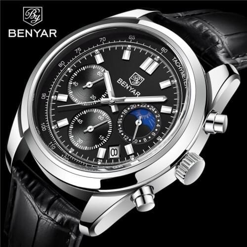BENYAR Brand Fashion Sport Watch Men Luxury Quartz Wristwatches Waterproof Leather Military Chronograph Clock Relogio Masculino