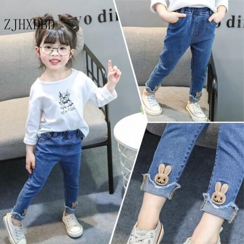 Childrens Wear Girls Denim Character Jeans 2020 Spring Autumn Cute Wild Small and Medium-sized Childrens Rabbit Jeans Trousers