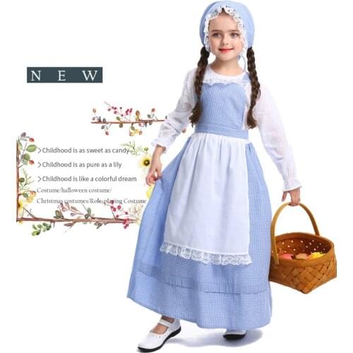 Child Maid Costume Rural Blue Halloween Farm Little Girl Dress Cotton Apron ChildrenS Day Cosplay Costume Drama Stage Costume