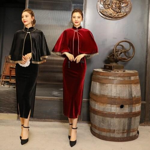 GirlS Temperament Shows Thin And Long Velvet Cheongsam Stand Collar Autumn Winter Cheongsam Dress Two Sets Qipao Dress Платье